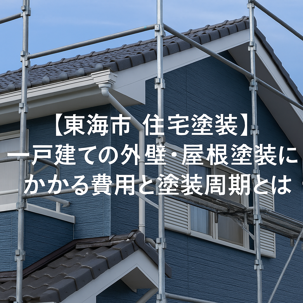 東海市で一戸建て住宅の外壁と屋根塗装を行う施工中の様子